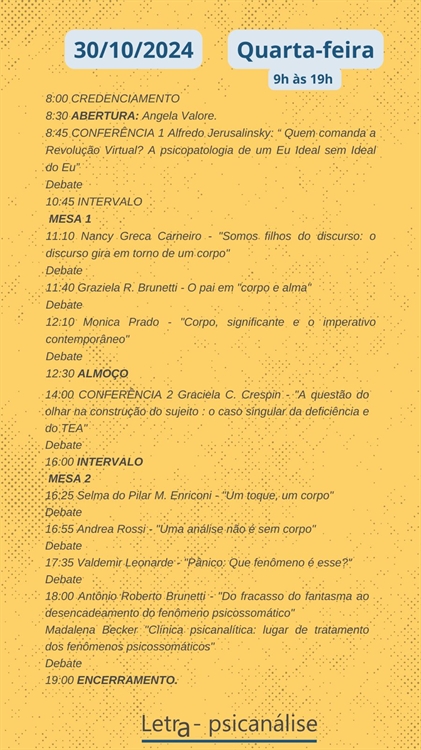  IV COLÓQUIO INTERNACIONAL DA LETRA: O corpo na psicanálise